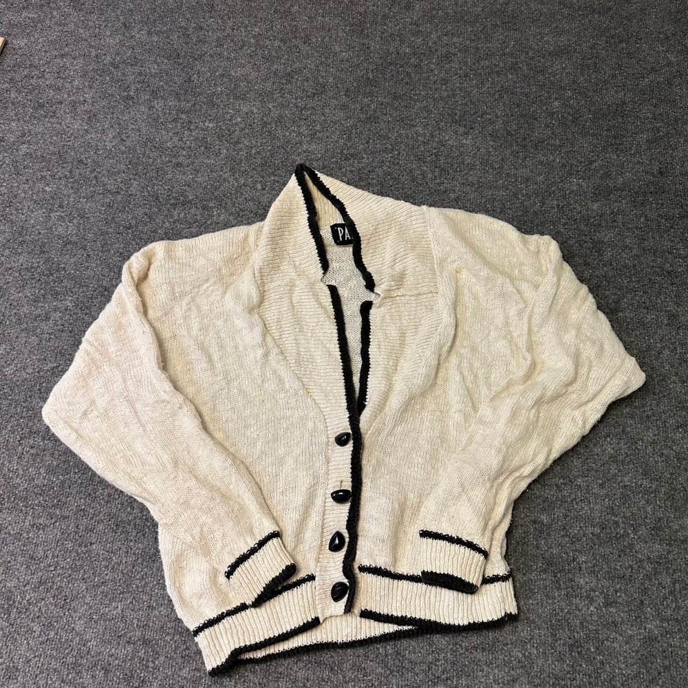 Pasta Cardigan Womens Size M Cream Black Knit Contrast Trim Button Front Sweater